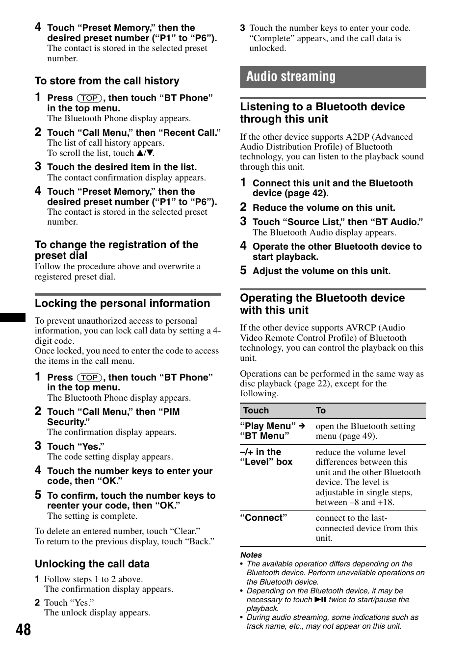 Locking the personal information, Audio streaming, Listening to a bluetooth device through this unit | Operating the bluetooth device with this unit | Sony XNV-660BT User Manual | Page 48 / 248