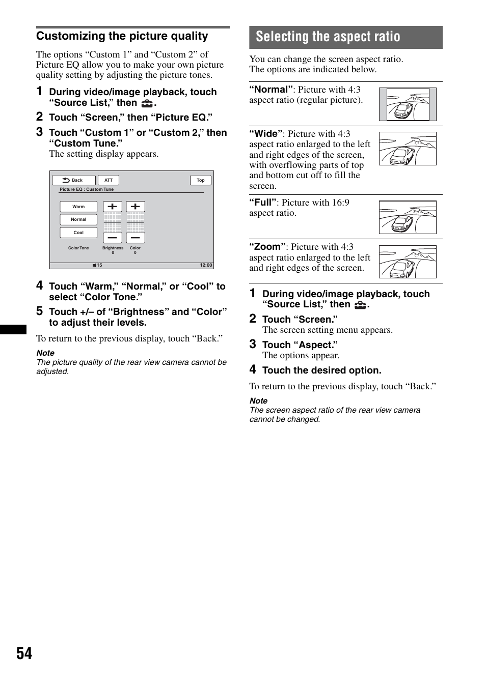 Customizing the picture quality, Selecting the aspect ratio | Sony XNV-660BT User Manual | Page 54 / 248