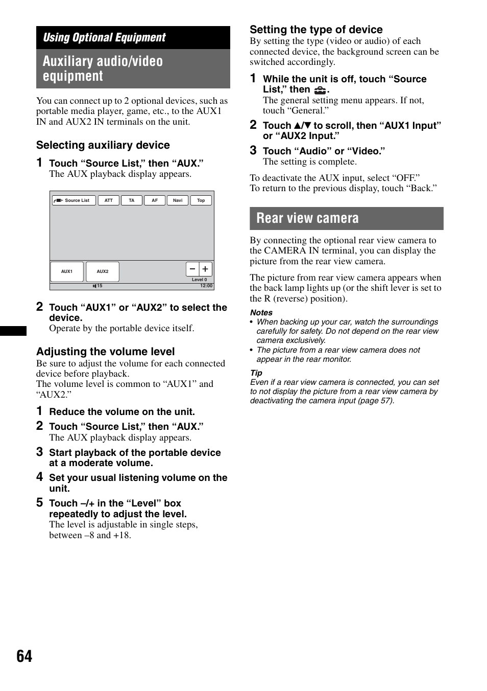 Using optional equipment, Auxiliary audio/video equipment, Rear view camera | Sony XNV-660BT User Manual | Page 64 / 248