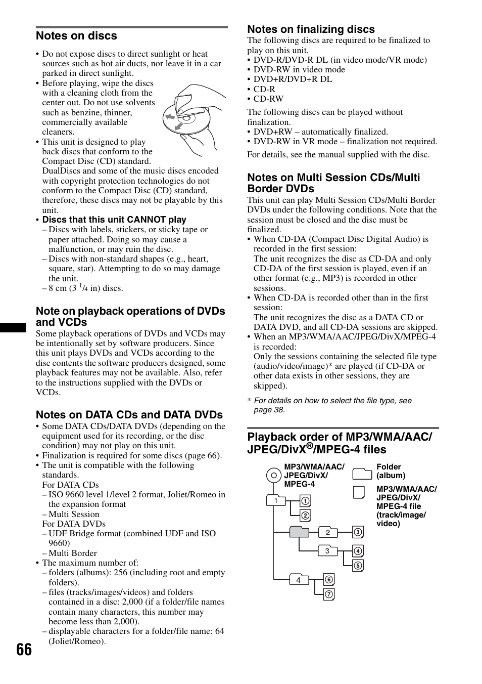 Notes on discs, Mpeg-4 files, Playback order of mp3/wma/aac/ jpeg/divx | Sony XNV-660BT User Manual | Page 66 / 248