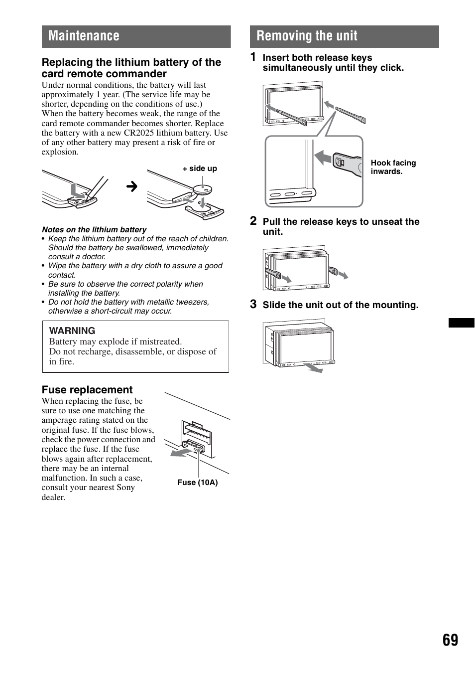 Maintenance, Removing the unit | Sony XNV-660BT User Manual | Page 69 / 248