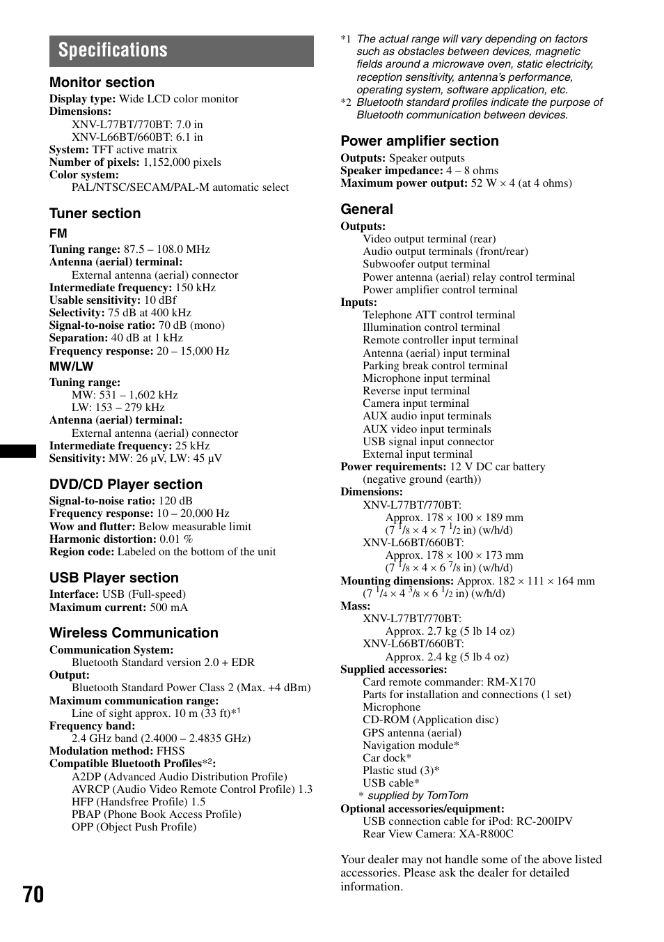 Specifications, Wireless communication, General | Sony XNV-660BT User Manual | Page 70 / 248