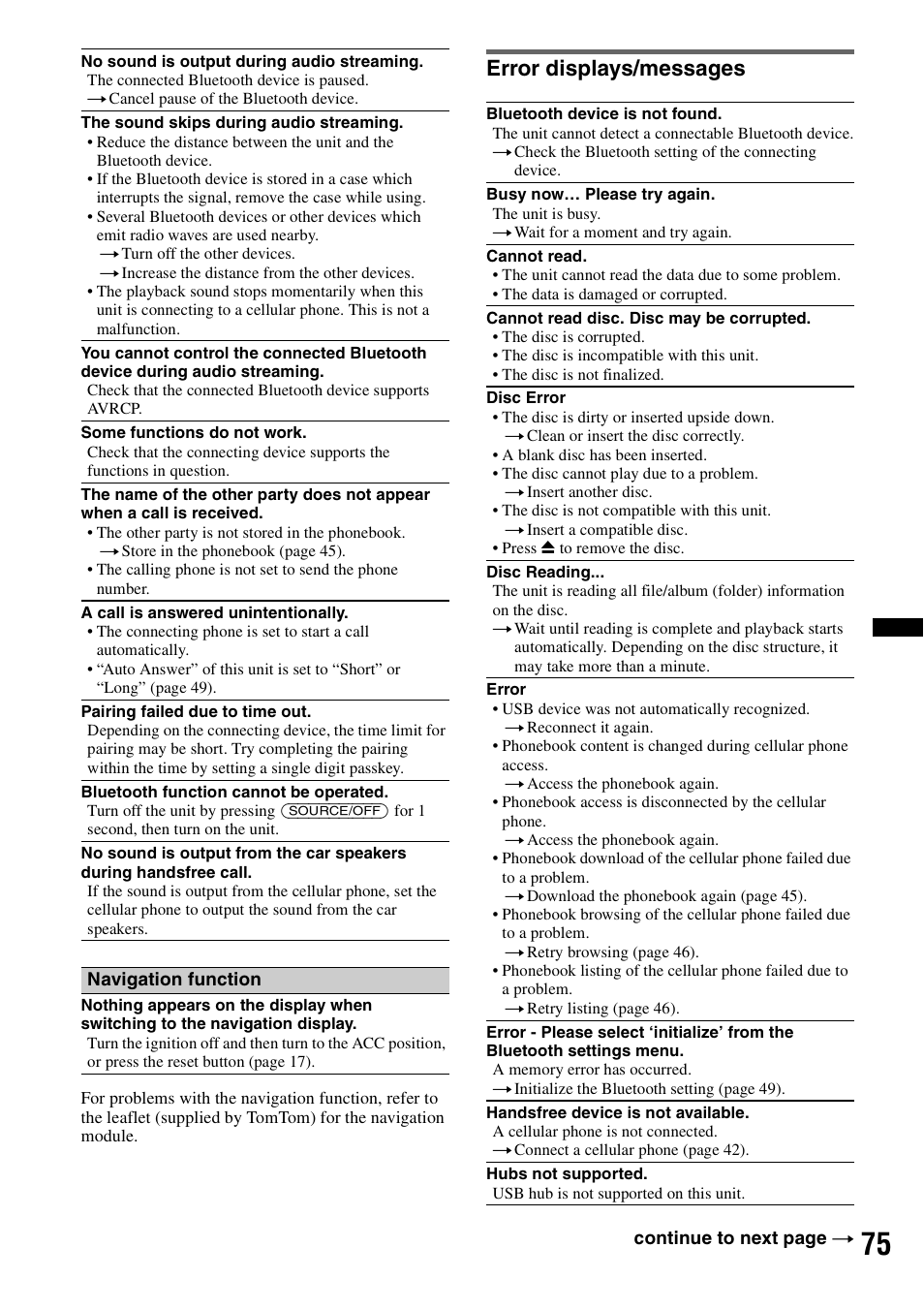 Error displays/messages | Sony XNV-660BT User Manual | Page 75 / 248