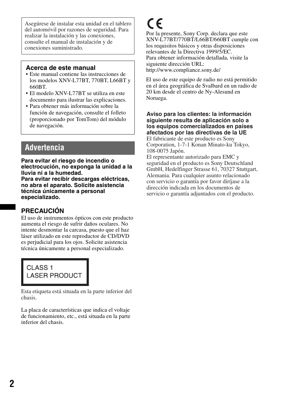 Advertencia | Sony XNV-660BT User Manual | Page 80 / 248