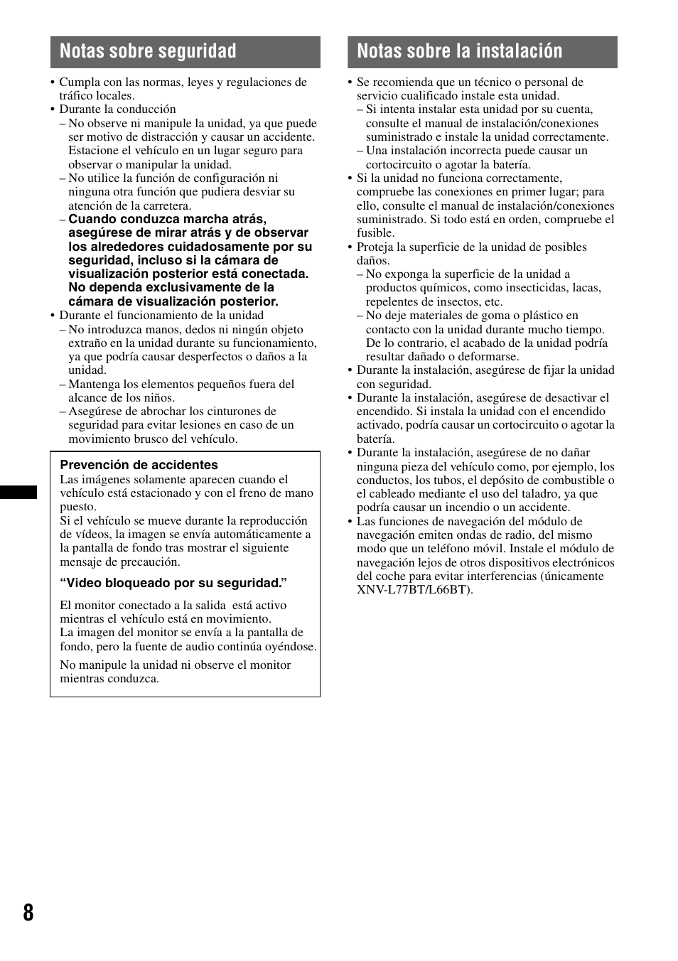 Notas sobre seguridad, Notas sobre la instalación | Sony XNV-660BT User Manual | Page 86 / 248