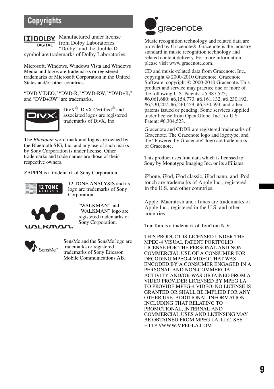 Copyrights | Sony XNV-660BT User Manual | Page 9 / 248