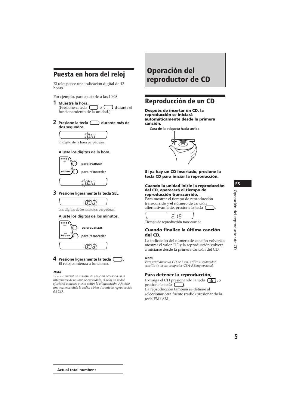 Operación del reproductor de cd, Puesta en hora del reloj, Reproducción de un cd | Sony CDX-2100 User Manual | Page 17 / 25