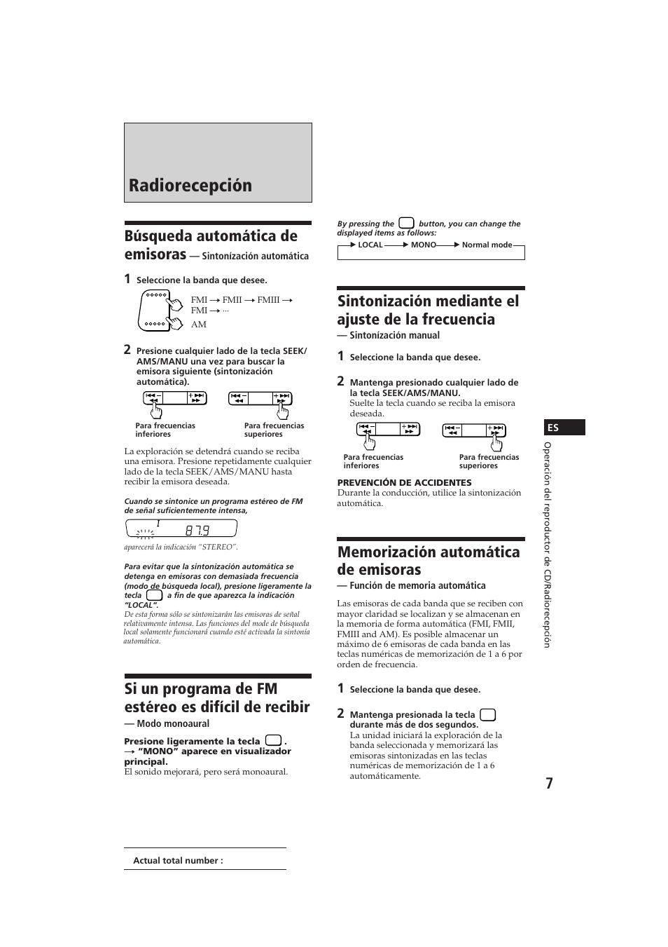 Radiorecepción, Búsqueda automática de emisoras, Si un programa de fm estéreo es difícil de recibir | Sintonización mediante el ajuste de la frecuencia | Sony CDX-2100 User Manual | Page 19 / 25