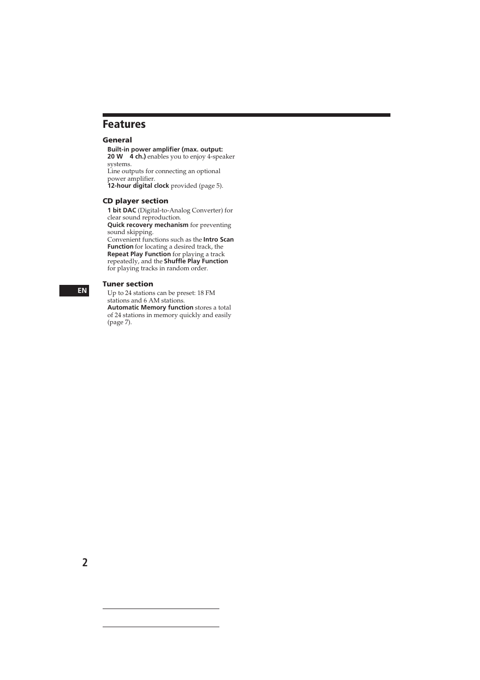 Features | Sony CDX-2100 User Manual | Page 2 / 25