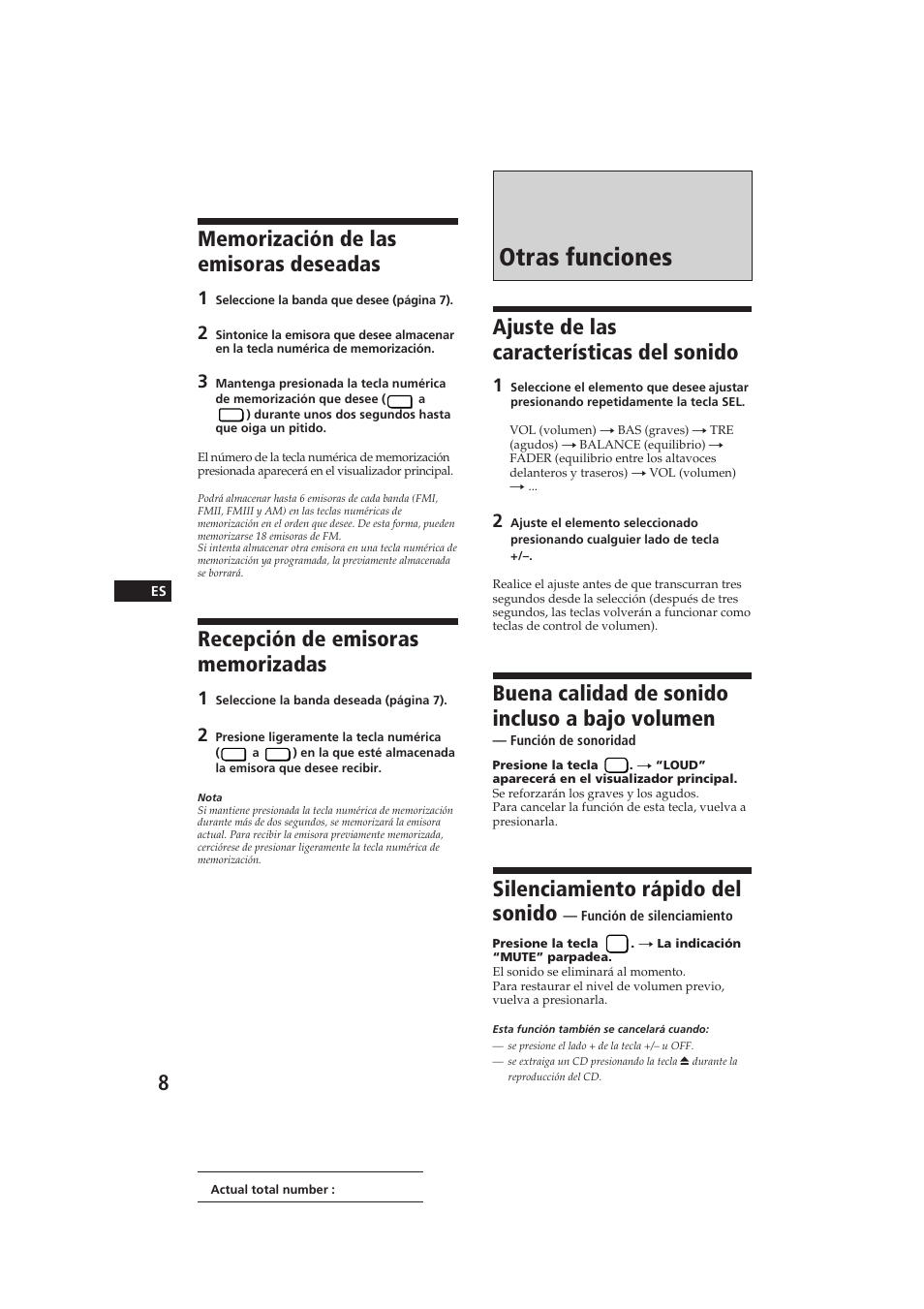 Otras funciones, Ajuste de las características del sonido, Buena calidad de sonido incluso a bajo volumen | Silenciamiento rápido del sonido | Sony CDX-2100 User Manual | Page 20 / 25