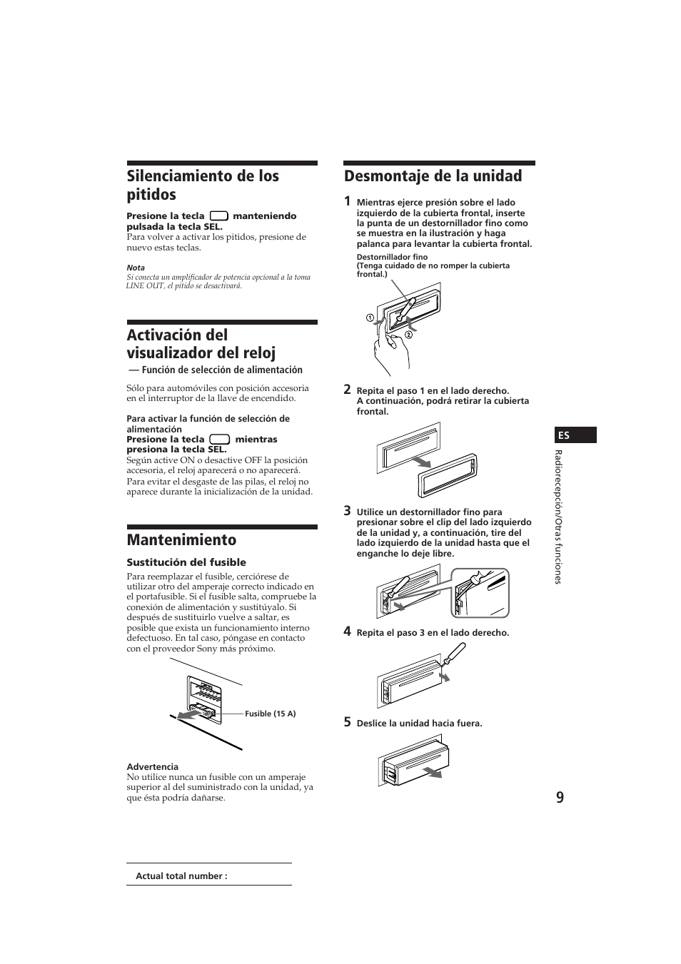 Silenciamiento de los pitidos, Activación del visualizador del reloj, Mantenimiento | Desmontaje de la unidad | Sony CDX-2100 User Manual | Page 21 / 25