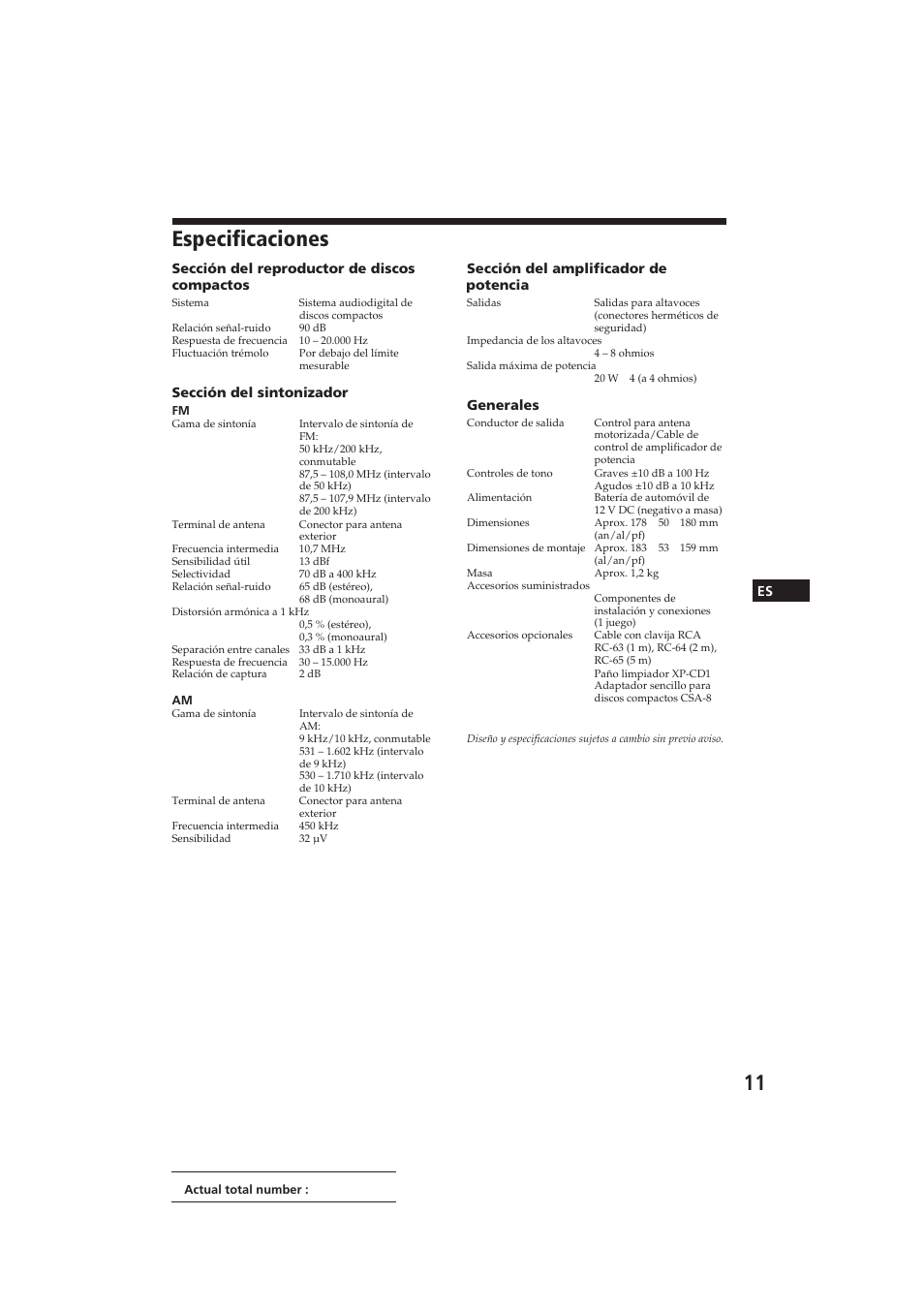 Especificaciones | Sony CDX-2100 User Manual | Page 23 / 25