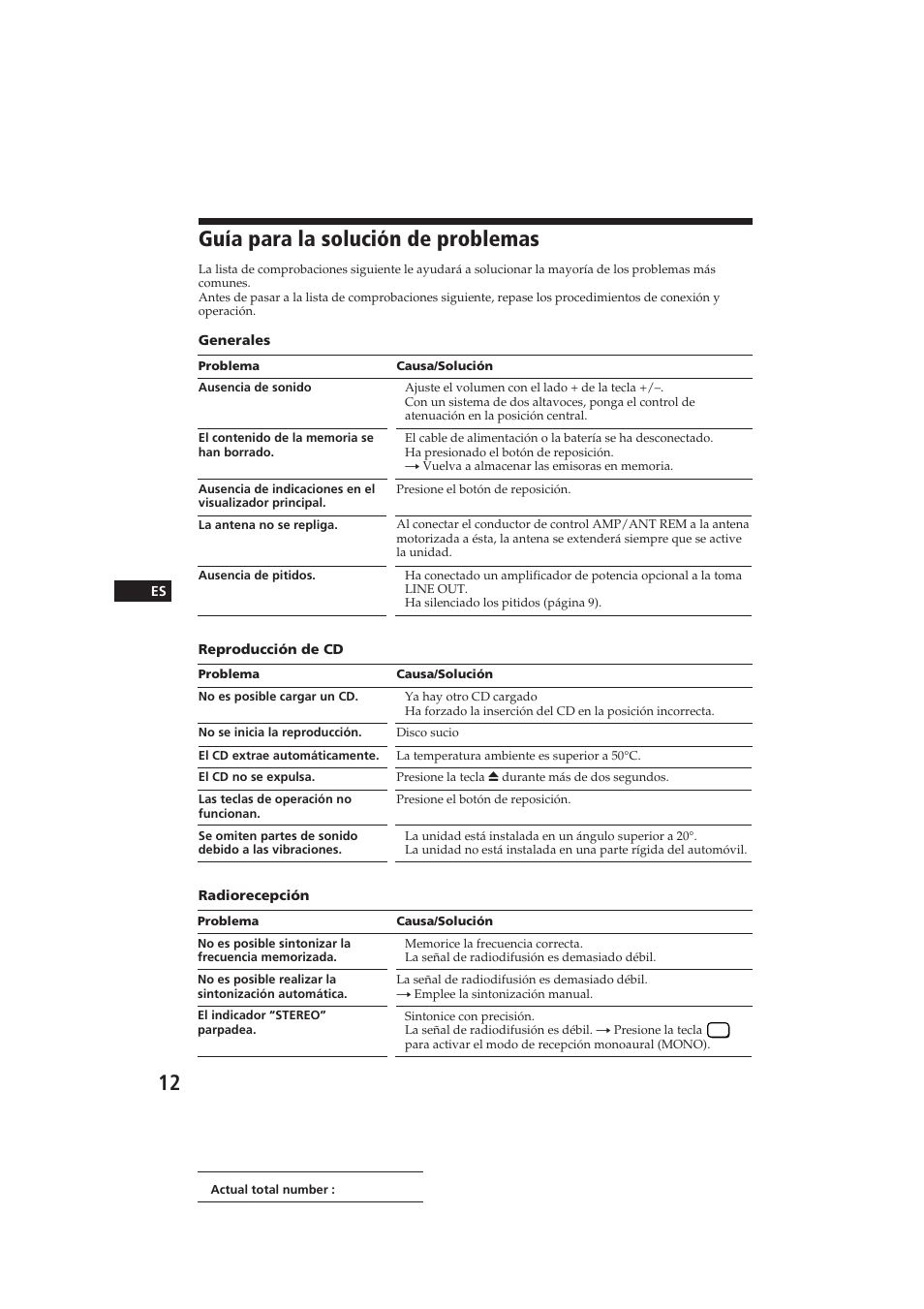 Guía para la solución de problemas | Sony CDX-2100 User Manual | Page 24 / 25