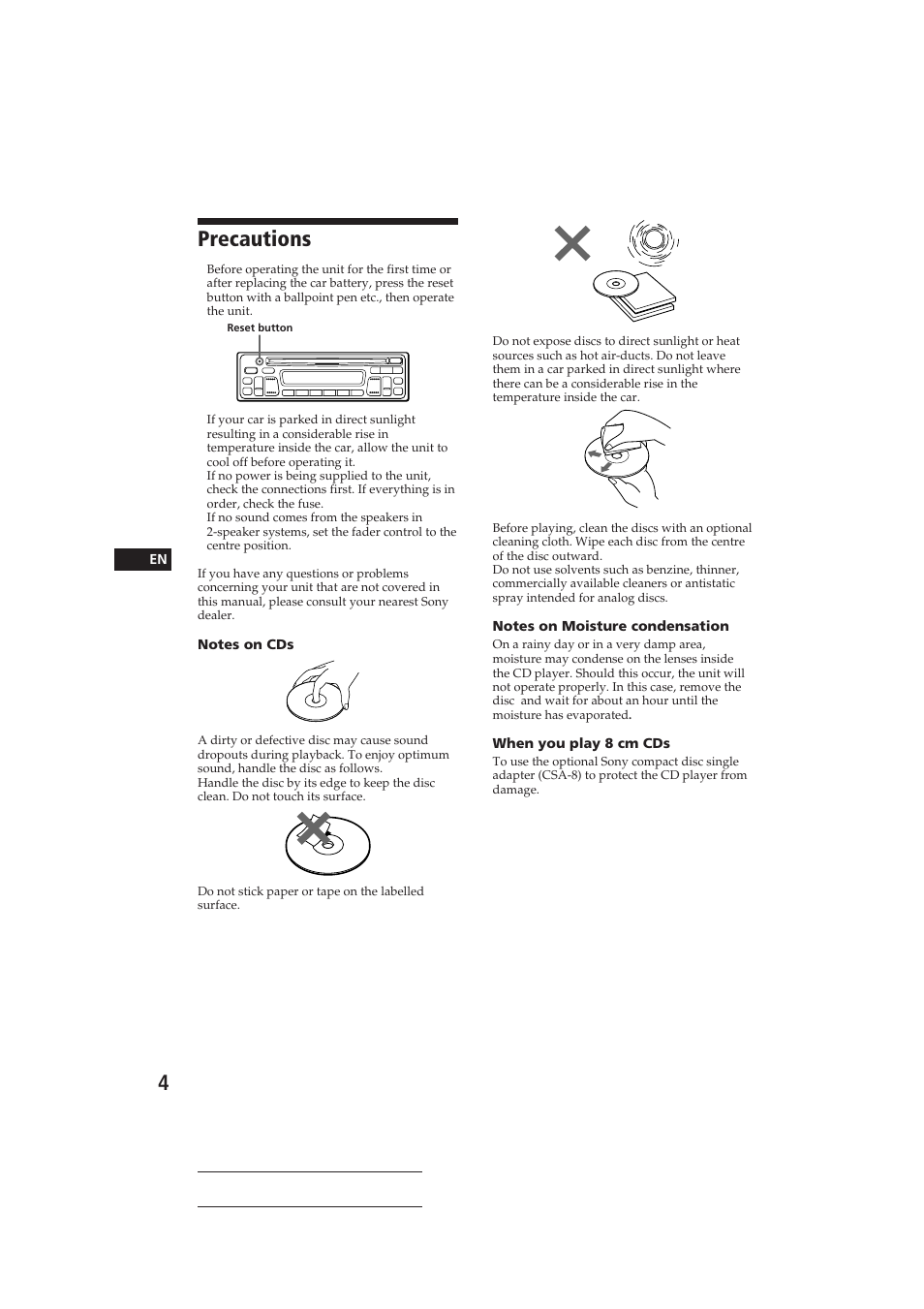 Precautions | Sony CDX-2100 User Manual | Page 4 / 25