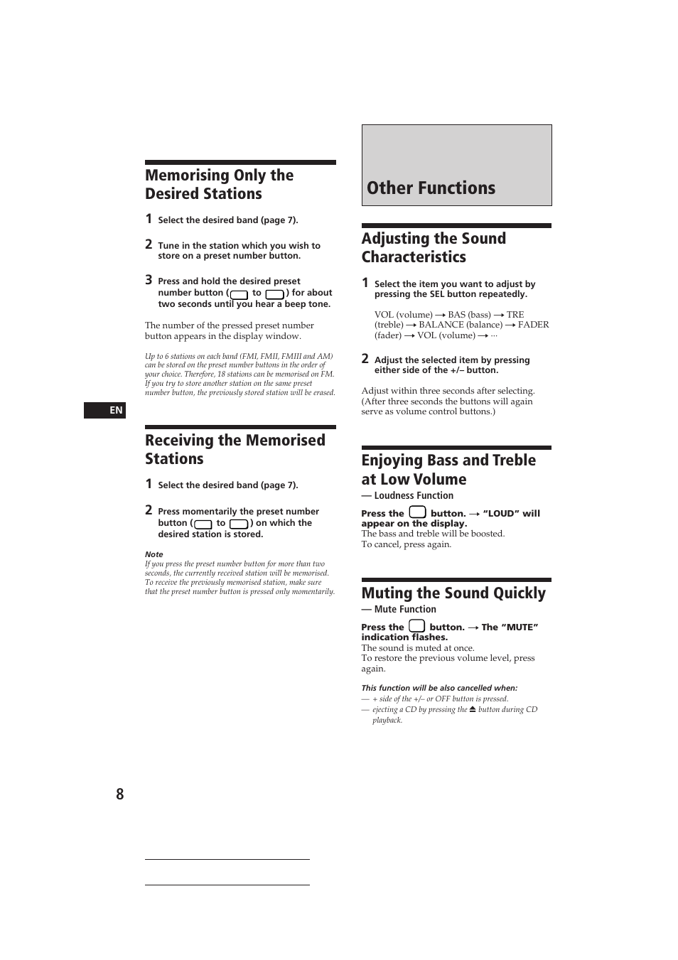 Other functions, Adjusting the sound characteristics, Enjoying bass and treble at low volume | Muting the sound quickly | Sony CDX-2100 User Manual | Page 8 / 25