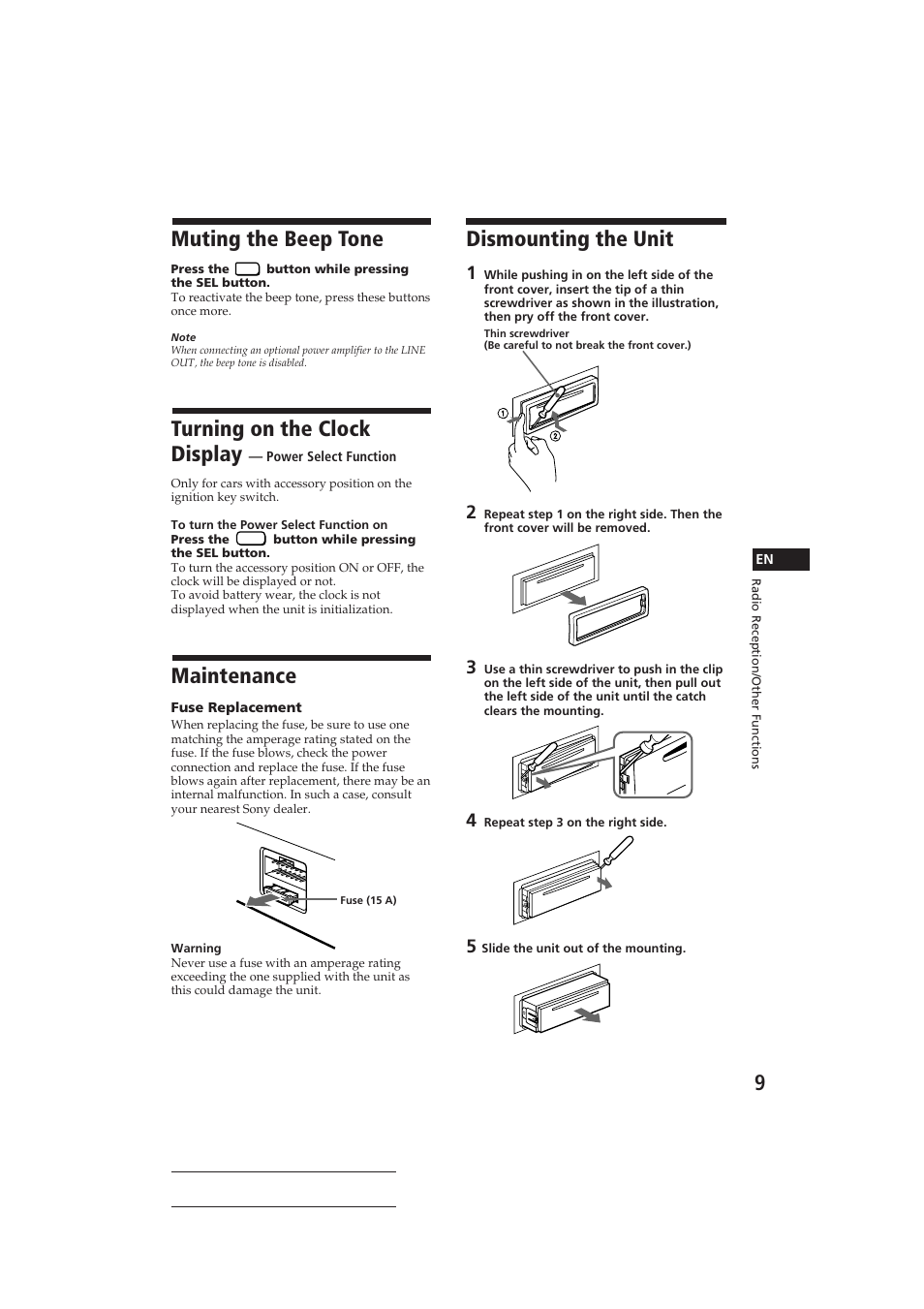 Muting the beep tone, Turning on the clock display, Maintenance | Dismounting the unit | Sony CDX-2100 User Manual | Page 9 / 25