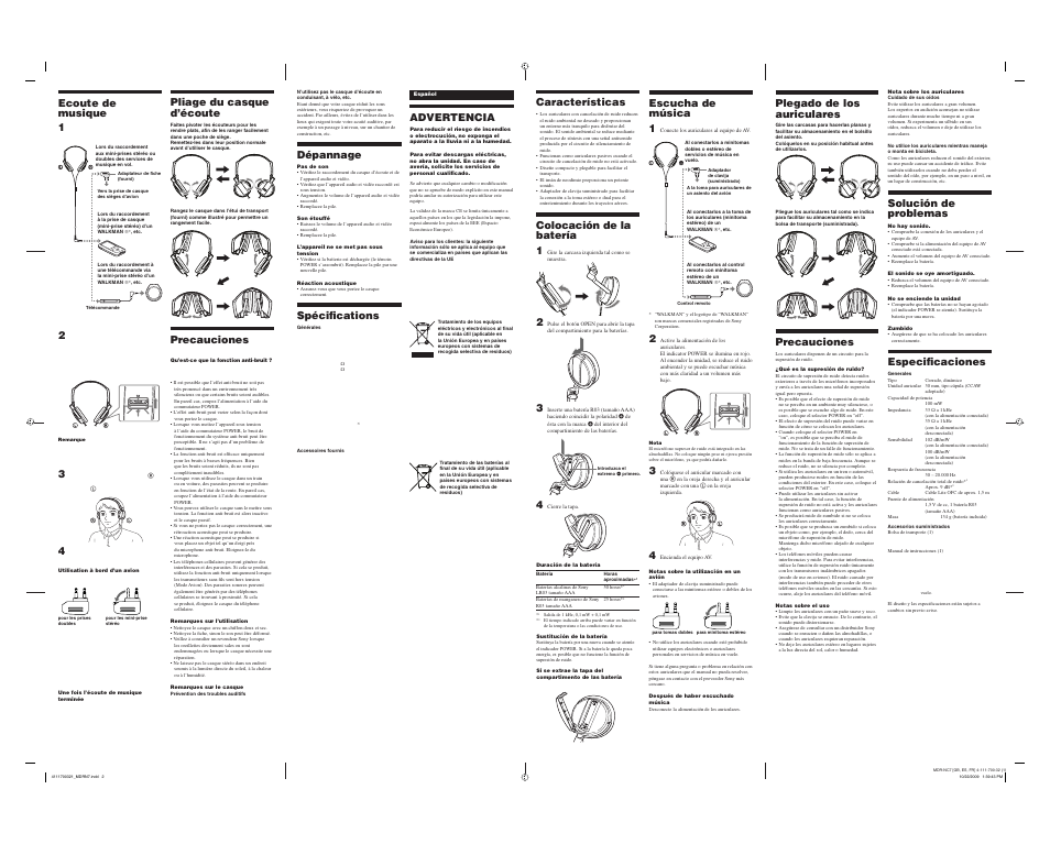 Características, Colocación de la batería 1, Plegado de los auriculares | Precauciones, Escucha de música 1, Advertencia, Solución de problemas, Especifi caciones, Pliage du casque d’écoute, Dépannage | Sony MDR-NC7 User Manual | Page 2 / 2