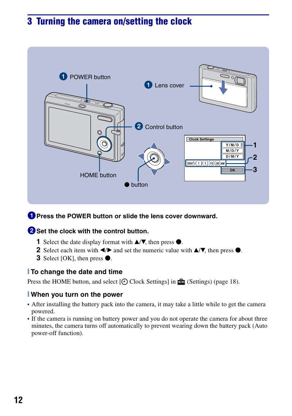 3 turning the camera on/setting the clock | Sony DSC-T20 User Manual | Page 12 / 60