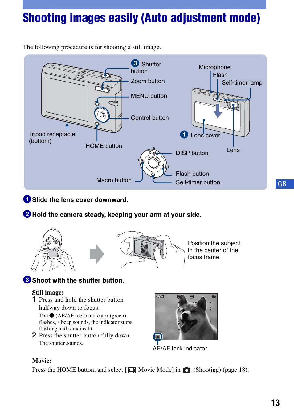 Shooting images easily (auto adjustment mode) | Sony DSC-T20 User Manual | Page 13 / 60