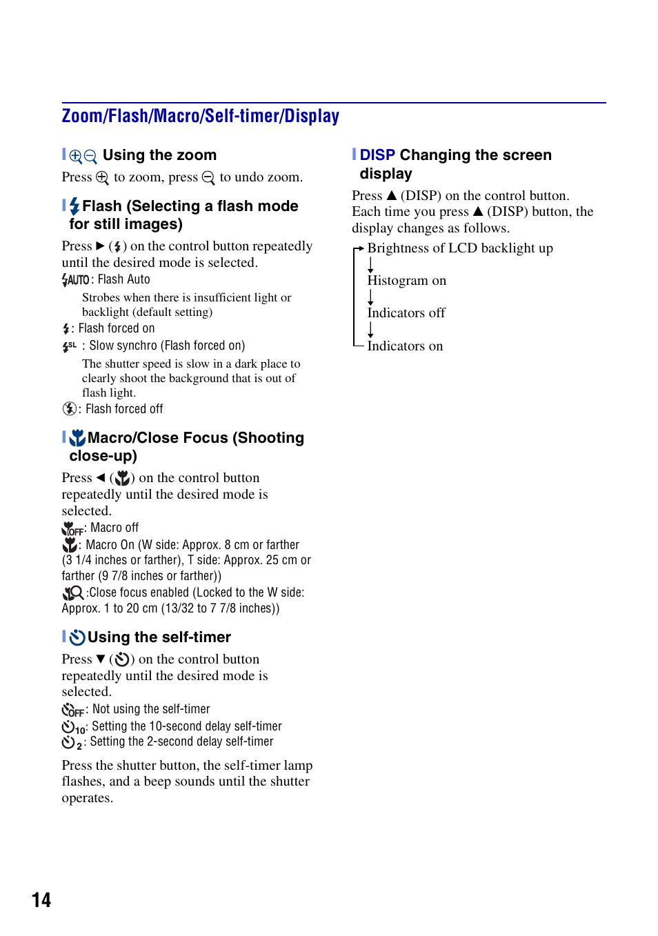 Zoom/flash/macro/self-timer/display | Sony DSC-T20 User Manual | Page 14 / 60