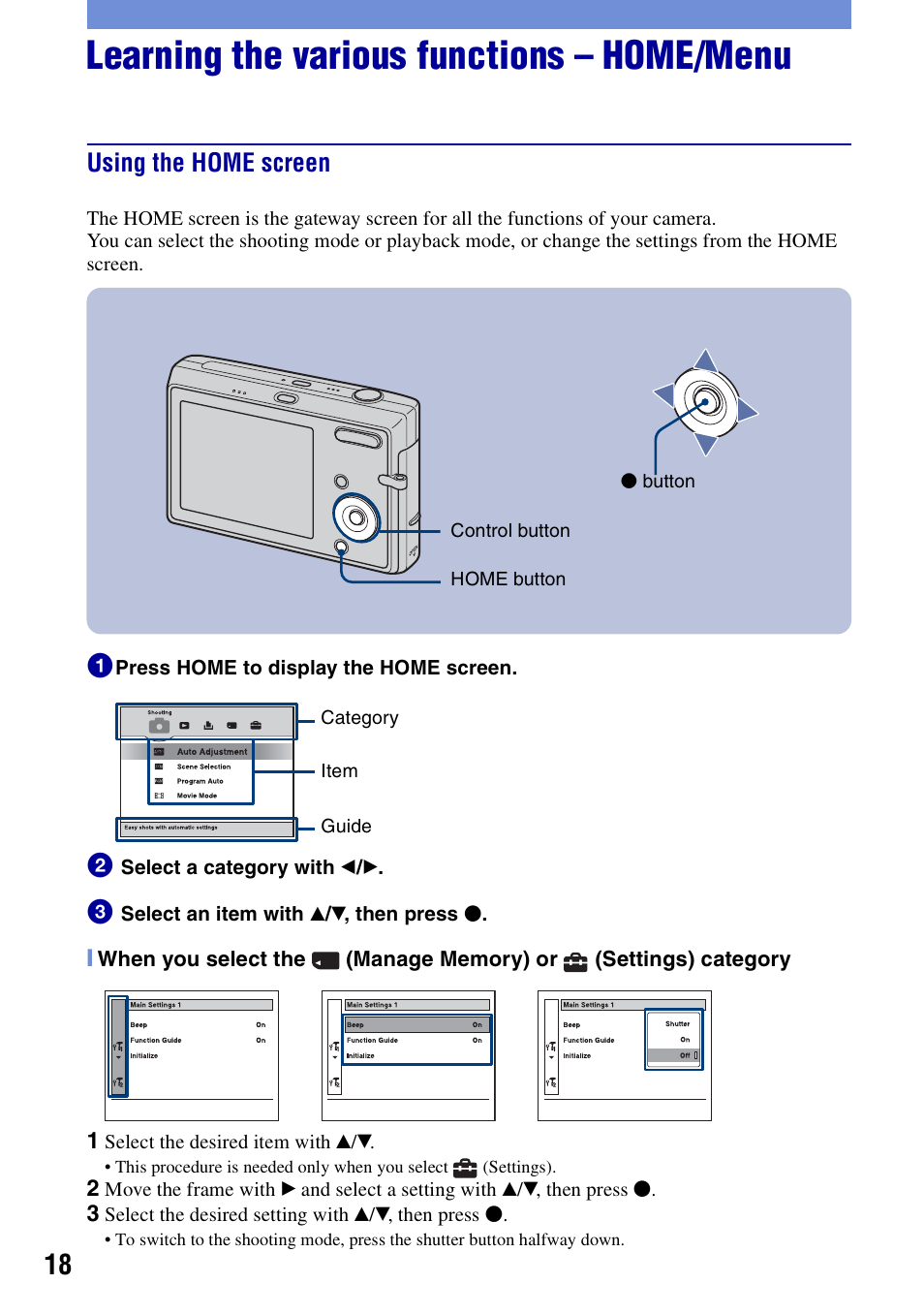 Learning the various functions - home/menu, Using the home screen, Learning the various functions – home/menu | Sony DSC-T20 User Manual | Page 18 / 60