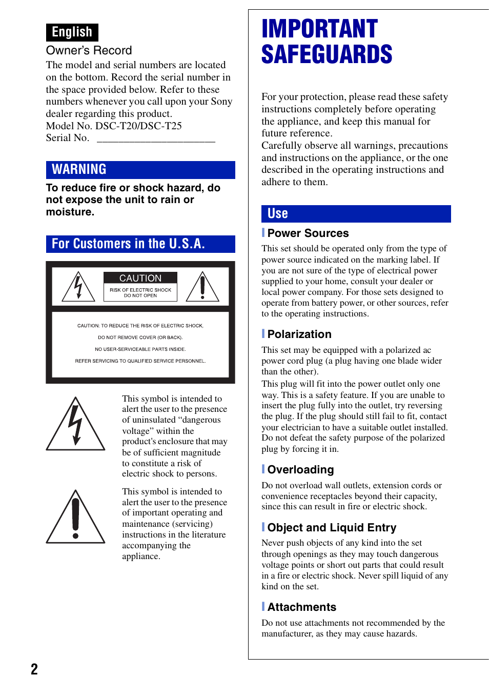 English, Important safeguards, English warning for customers in the u.s.a | Sony DSC-T20 User Manual | Page 2 / 60