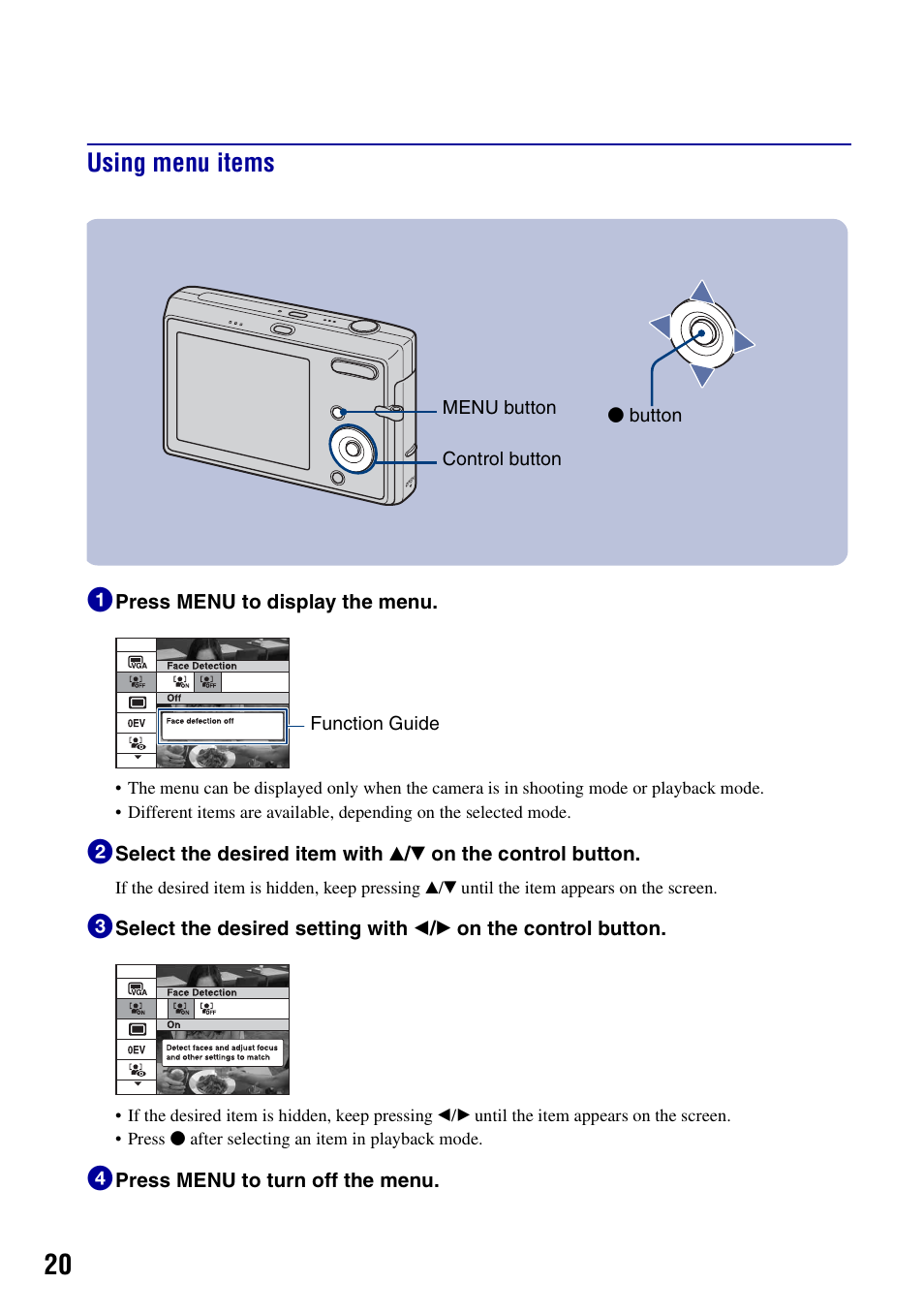 Using menu items, Using menu items 1 | Sony DSC-T20 User Manual | Page 20 / 60