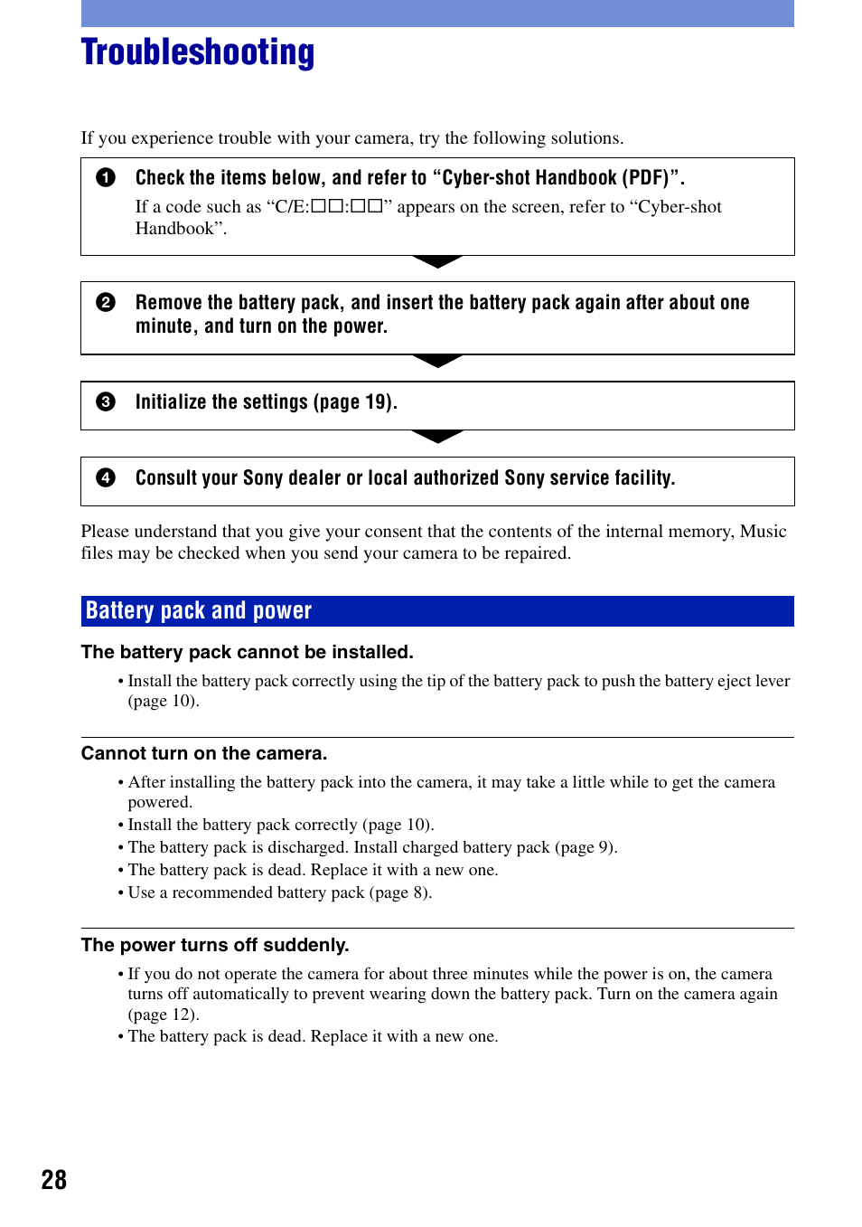 Troubleshooting, Battery pack and power | Sony DSC-T20 User Manual | Page 28 / 60