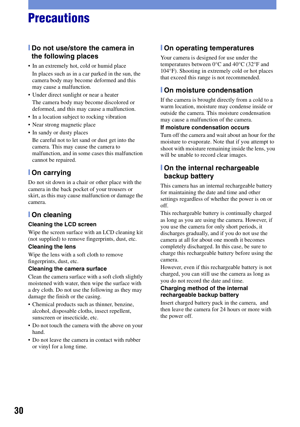 Precautions | Sony DSC-T20 User Manual | Page 30 / 60