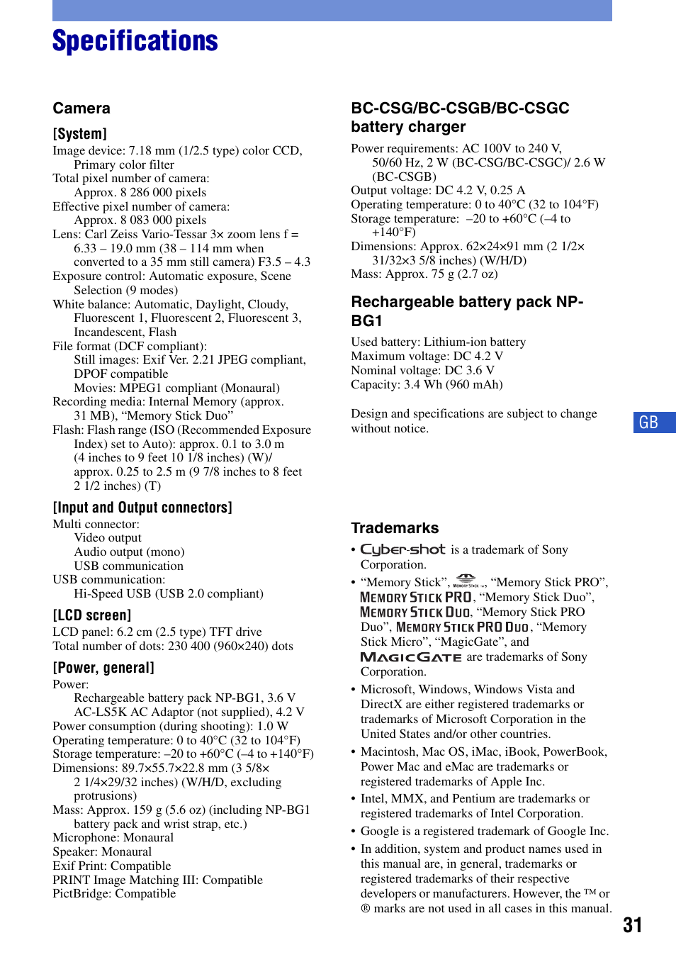 Specifications | Sony DSC-T20 User Manual | Page 31 / 60