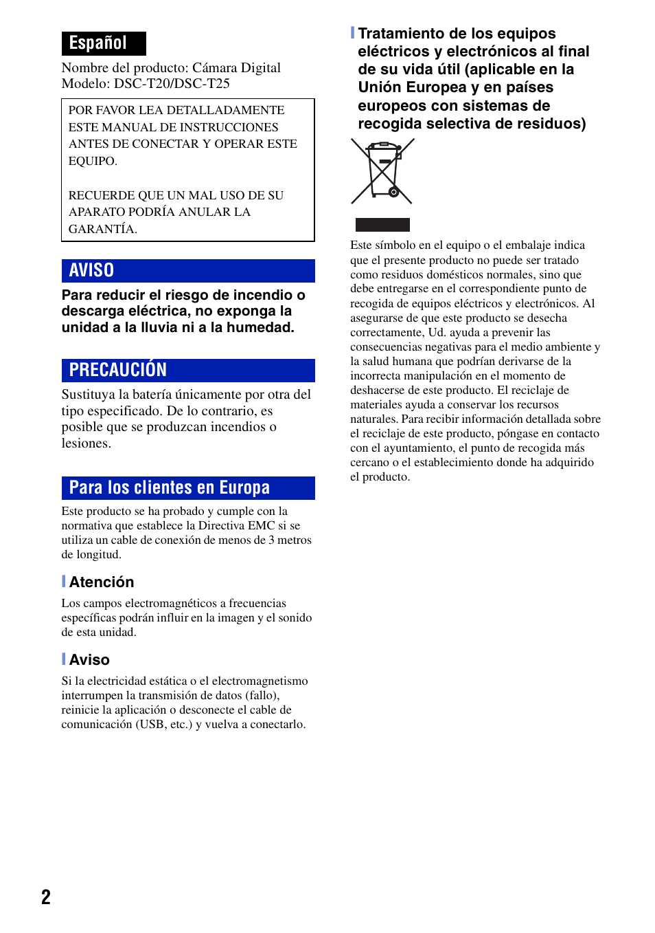 Español, Aviso precaución para los clientes en europa | Sony DSC-T20 User Manual | Page 32 / 60