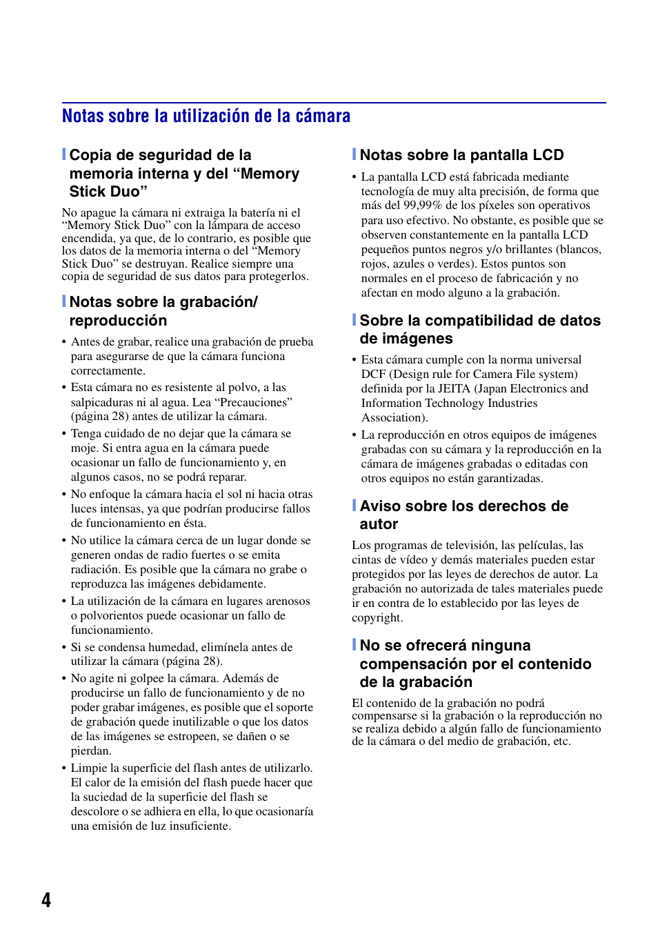 Notas sobre la utilización de la cámara | Sony DSC-T20 User Manual | Page 34 / 60