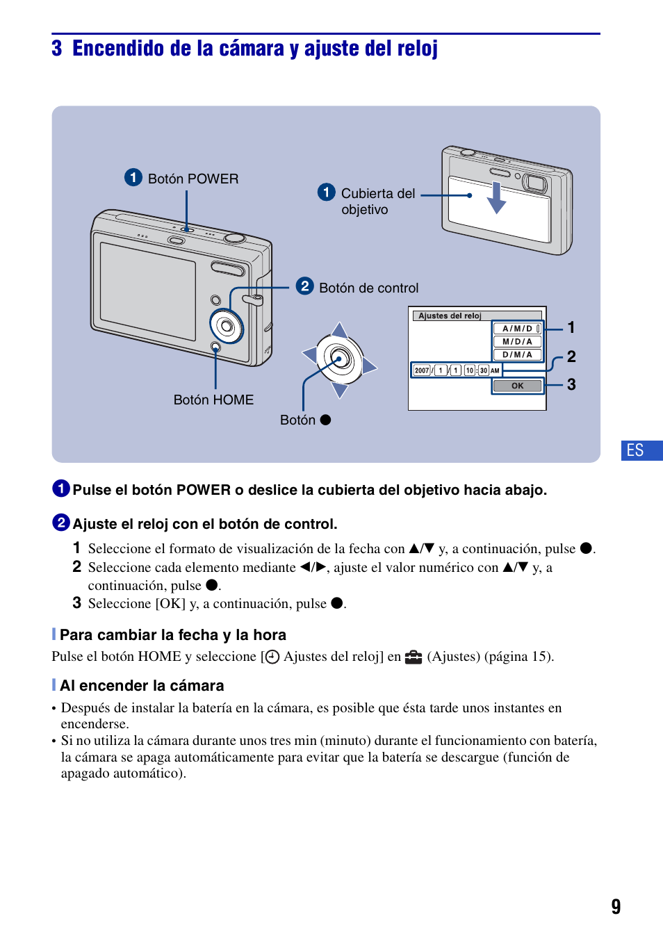 3 encendido de la cámara y ajuste del reloj | Sony DSC-T20 User Manual | Page 39 / 60