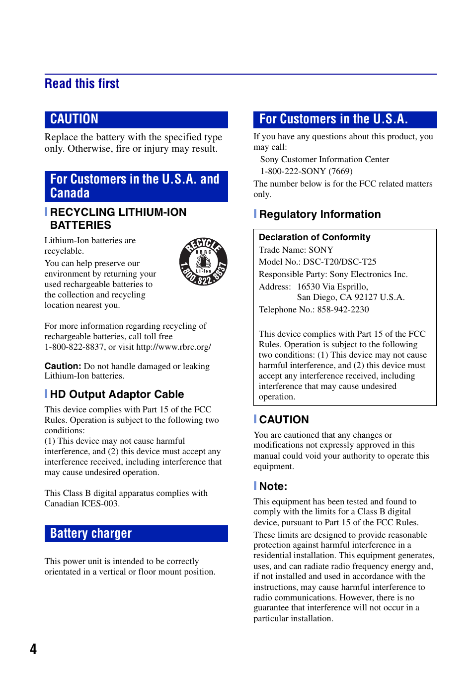 Read this first | Sony DSC-T20 User Manual | Page 4 / 60