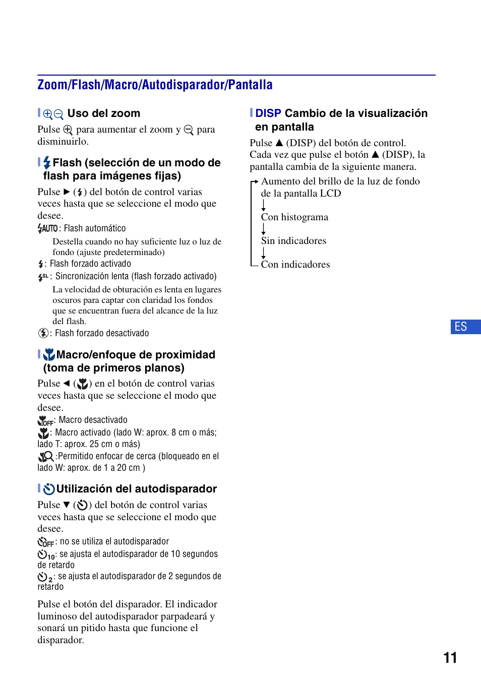 Zoom/flash/macro/autodisparador/pantalla | Sony DSC-T20 User Manual | Page 41 / 60