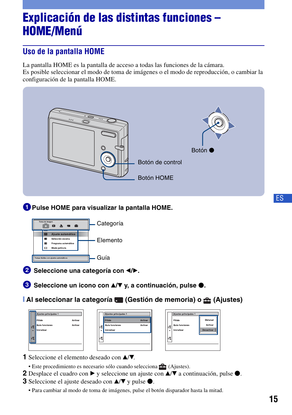 Explicación de las distintas funciones - home/menú, Uso de la pantalla home, Explicación de las distintas funciones – home/menú | Sony DSC-T20 User Manual | Page 45 / 60