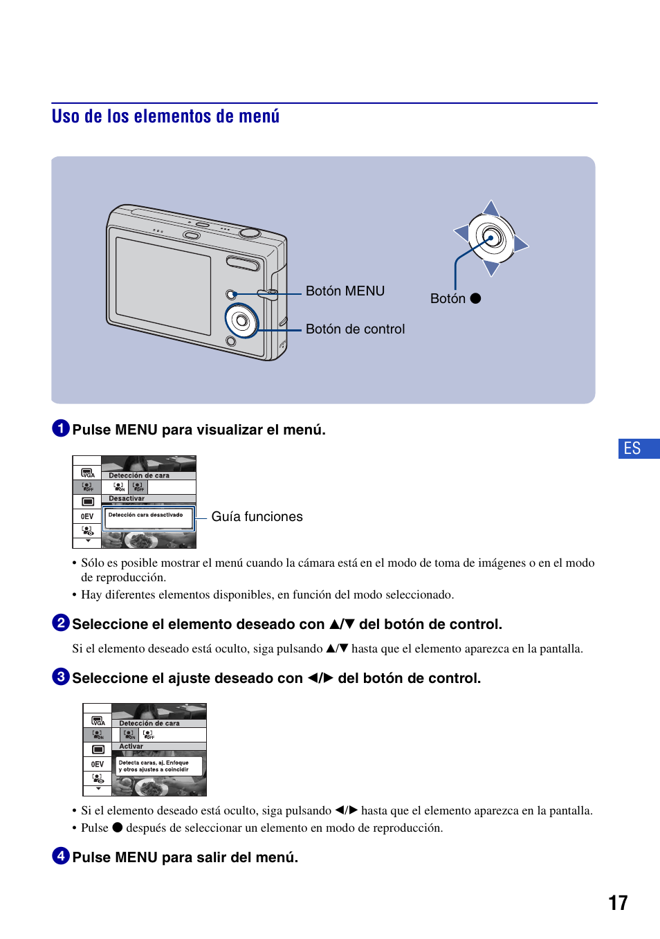 Uso de los elementos de menú, Uso de los elementos de menú 1 | Sony DSC-T20 User Manual | Page 47 / 60