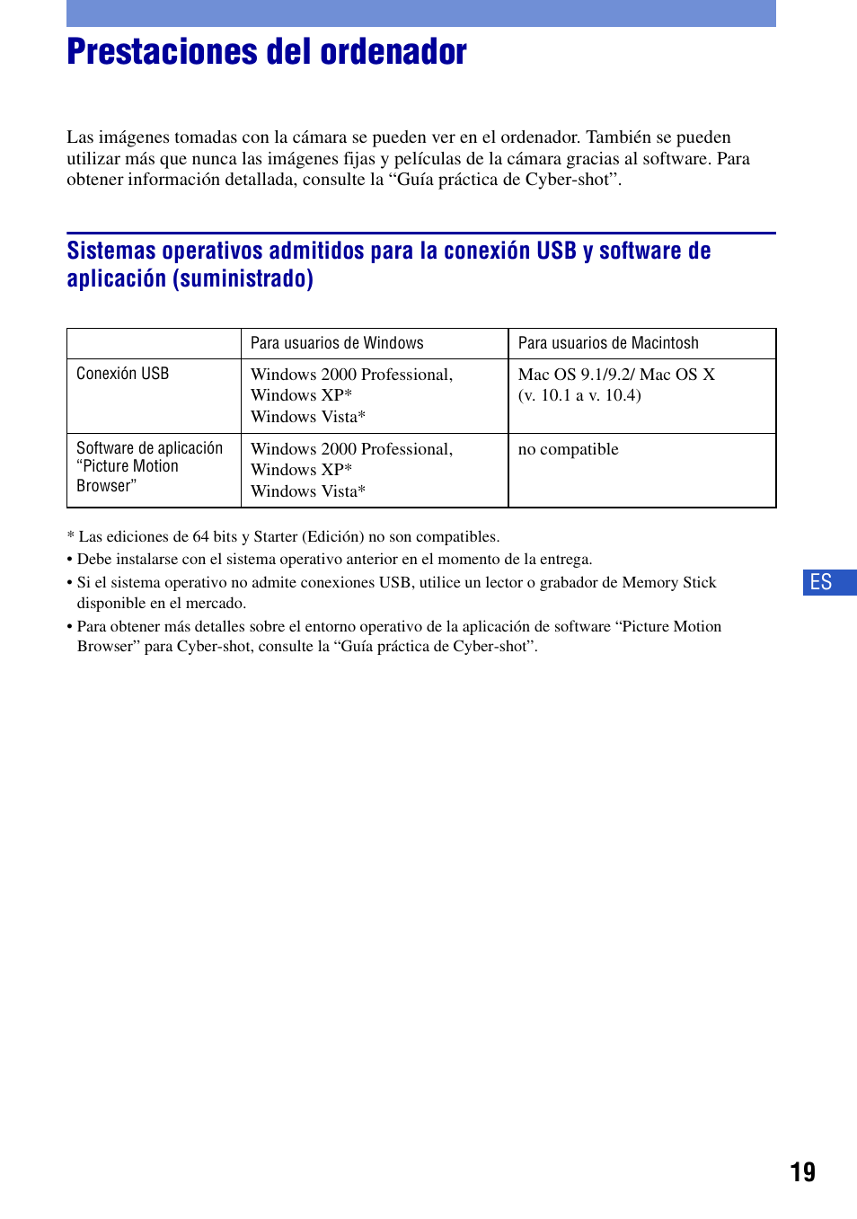 Prestaciones del ordenador | Sony DSC-T20 User Manual | Page 49 / 60