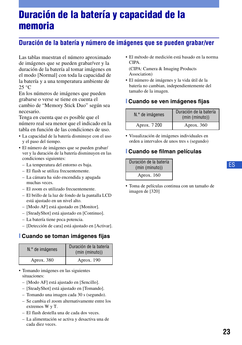 Duración de la batería y capacidad de la memoria | Sony DSC-T20 User Manual | Page 53 / 60