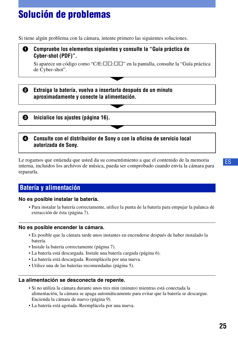 Solución de problemas, Batería y alimentación | Sony DSC-T20 User Manual | Page 55 / 60