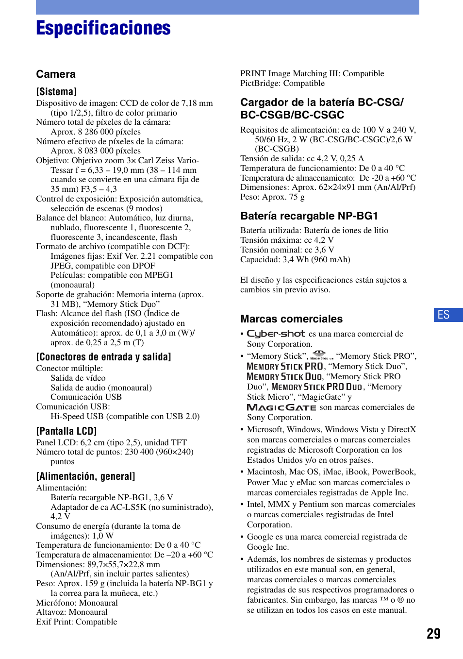 Especificaciones | Sony DSC-T20 User Manual | Page 59 / 60