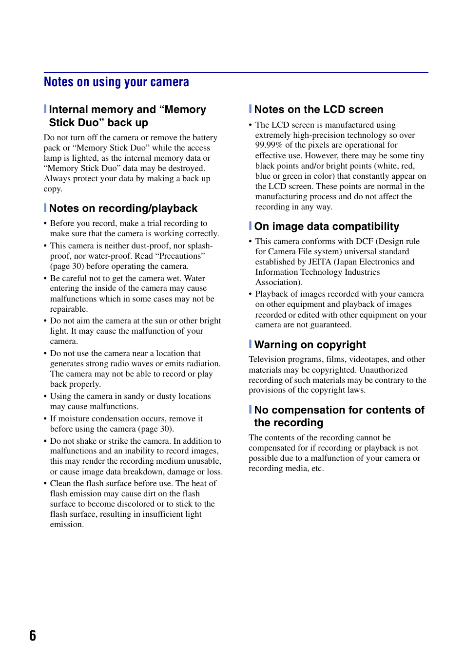 Notes on using your camera | Sony DSC-T20 User Manual | Page 6 / 60