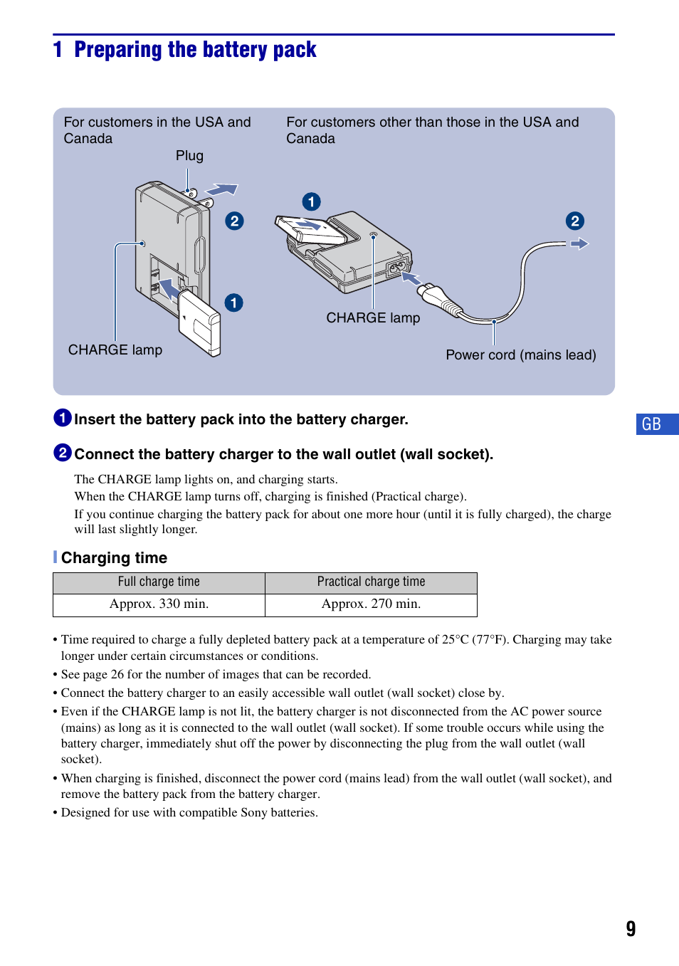 1 preparing the battery pack | Sony DSC-T20 User Manual | Page 9 / 60