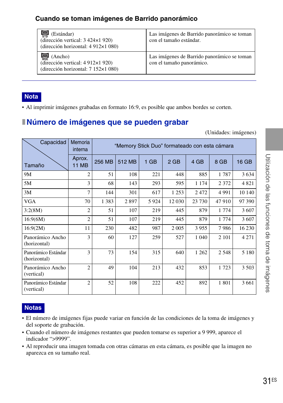 Xnúmero de imágenes que se pueden grabar, Cuando se toman imágenes de barrido panorámico | Sony DSC-HX1 User Manual | Page 105 / 151
