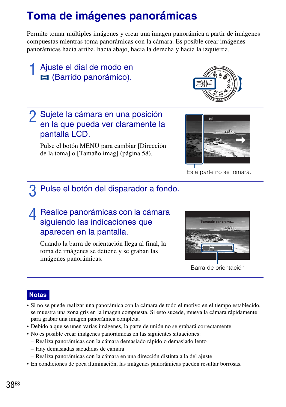 Toma de imágenes panorámicas | Sony DSC-HX1 User Manual | Page 112 / 151