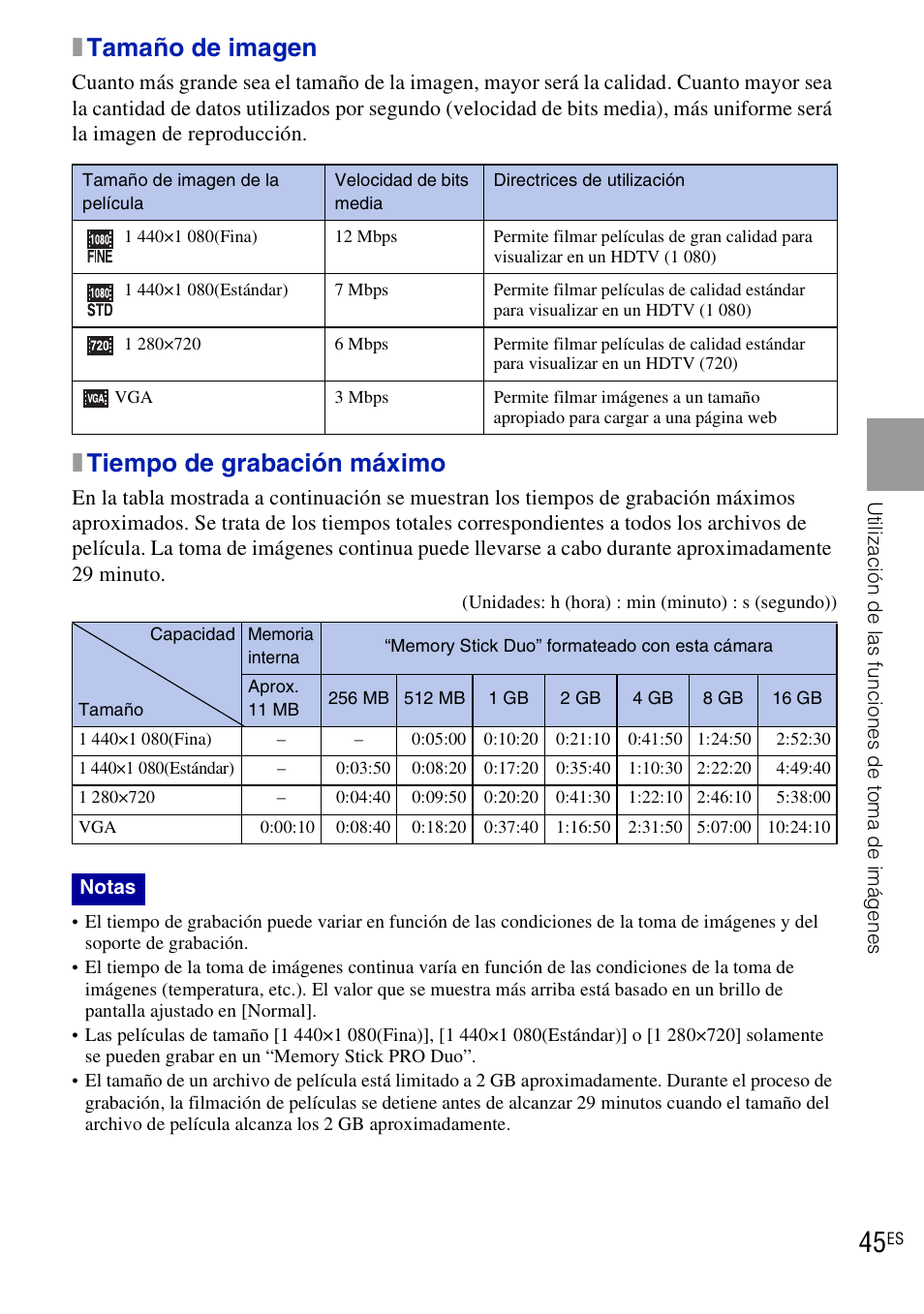 Xtamaño de imagen, Xtiempo de grabación máximo | Sony DSC-HX1 User Manual | Page 119 / 151