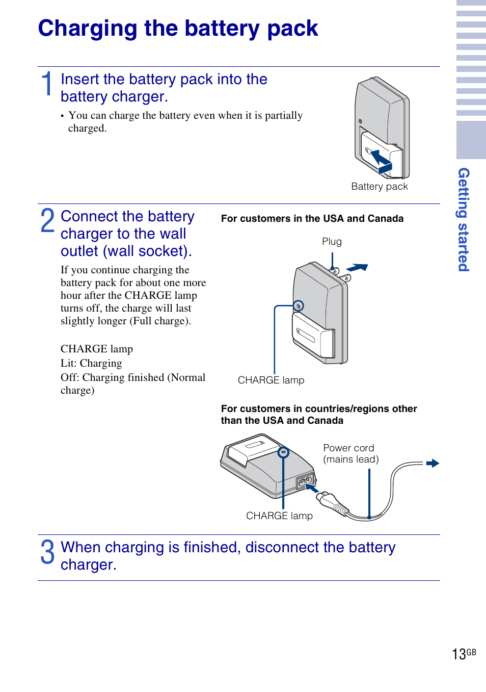 Charging the battery pack | Sony DSC-HX1 User Manual | Page 13 / 151