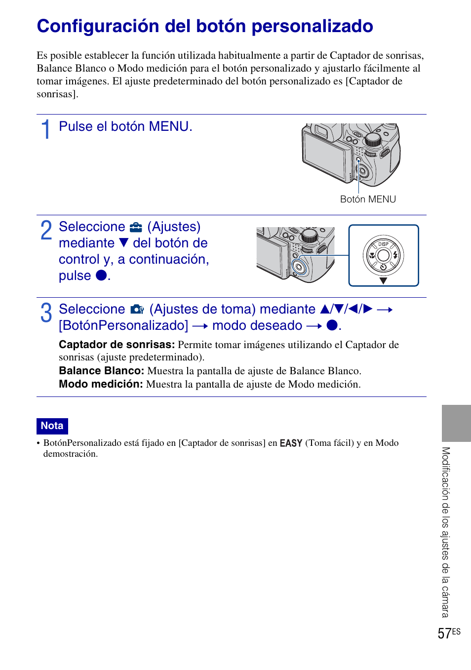 Configuración del botón personalizado | Sony DSC-HX1 User Manual | Page 131 / 151