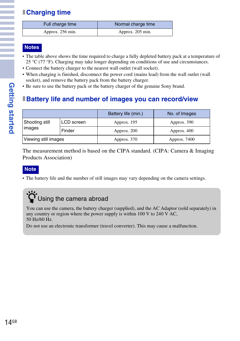 Get ting st art ed, Xcharging time | Sony DSC-HX1 User Manual | Page 14 / 151