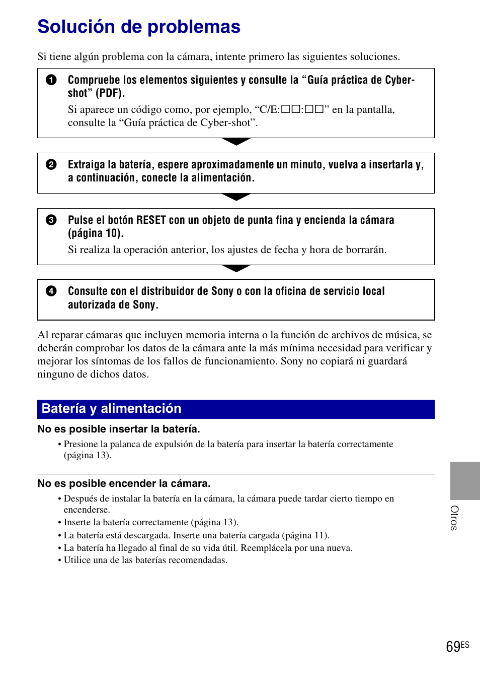 Solución de problemas, Batería y alimentación | Sony DSC-HX1 User Manual | Page 143 / 151